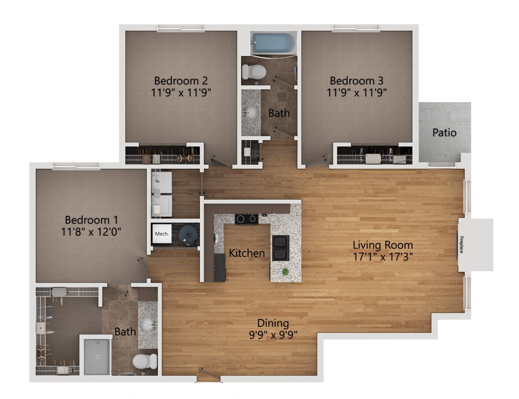 a floor plan of a three bedroom apartment with a kitchen and a living room with a dining